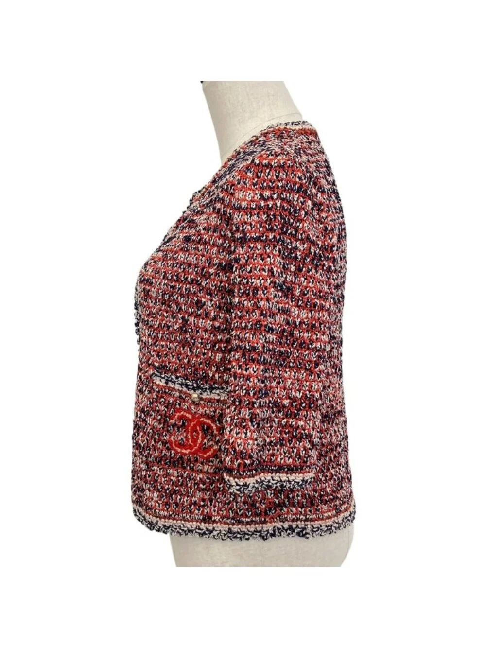 Chanel CC Logo Chain Knit Cardigan 34 Orange Navy